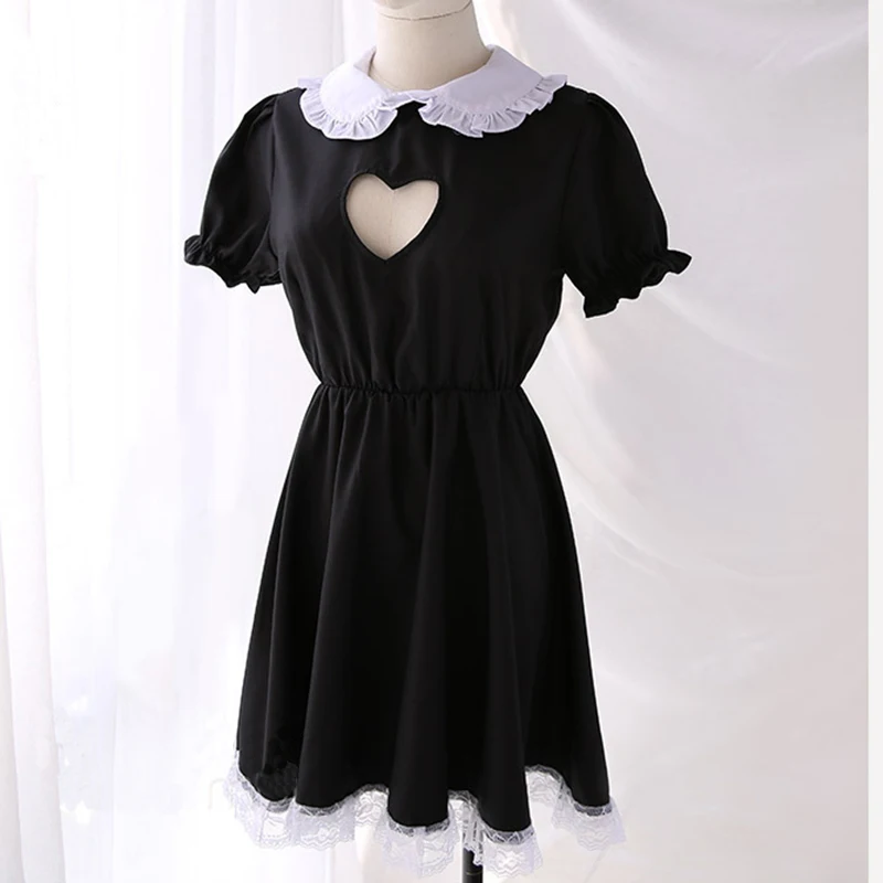 Lovely Maid Dress Anime Black White Apron Dress Girl Lolita Heart Hollowed Dresses Cafe Cosplay Costume Горничная Mucama