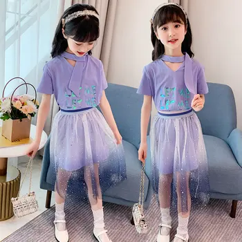 

Girls Summer Clothes T Shirt Dress + Mesh Shining Moon Star Skirt 2Pcs Girls Sets Clothing Casual Kids Sequin Clothing For Girls