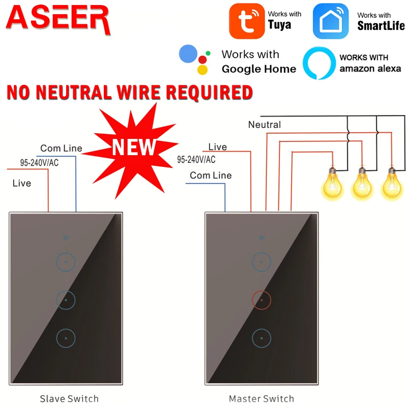ASEER Tuya/Ewelink 1/2/3 Gang 2 Way WIFI Smart Ligth переключает стандарт США не поддерживает