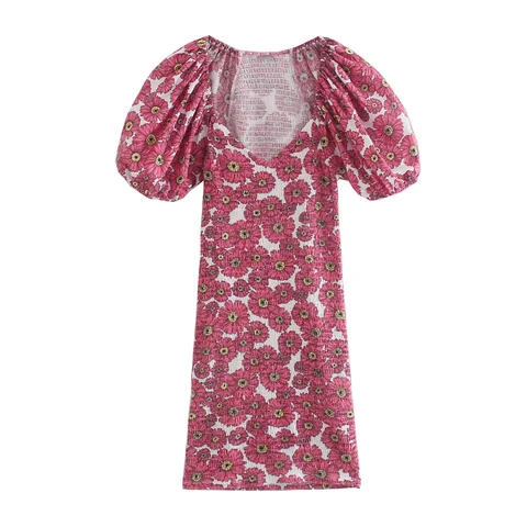 Floral Printed Straight Dresses Puff Short Sleeve V Neck Mini Dresses Female Chic Casual Summer Dress Vestidos