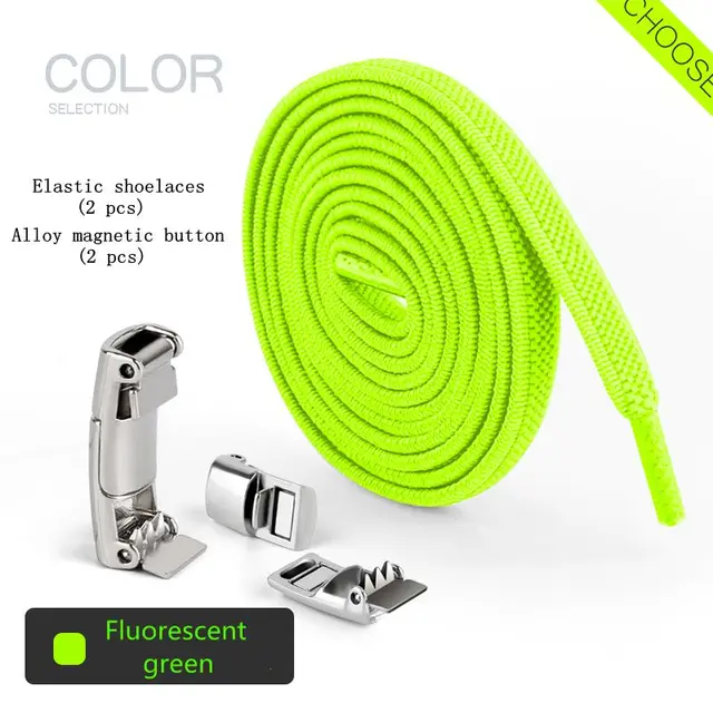 New Upgrade Magnetic Buckle Latex Rubber Band Elastic Laces Sneakers Laces Without Tying Kid and Adults Are Available Shelaces Fluorescent green