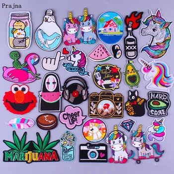 

Prajna Cartoon Unicorn Cat Animal Patches Embroidered Patches For Clothing DIY Fashion Leaf Camera Alien Stripe Iron On Patches