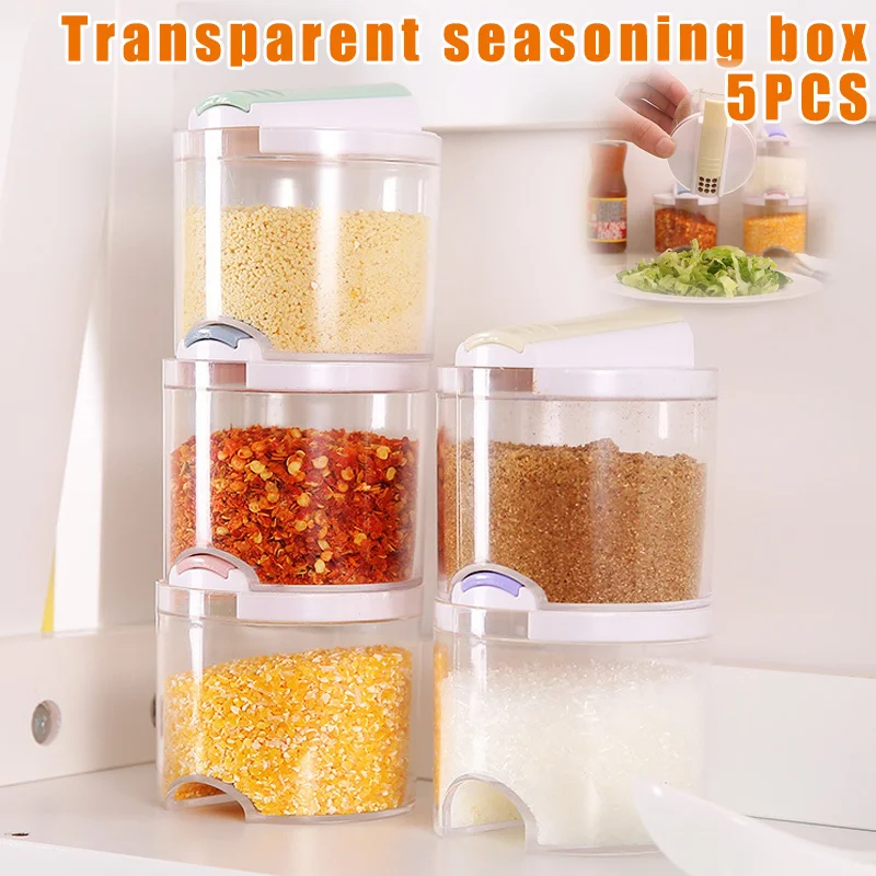 

5 Pcs Seasoning Jar Spice Box Transparent Stackable Sealed Double Lid for Kitchen GHS99
