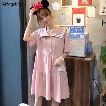 

Dress Women Summer Sweet High Waist Short Sleeve Dresses Harajuku Lovely Girls Tops Chic Draped Stitching Casual Loose Fashion
