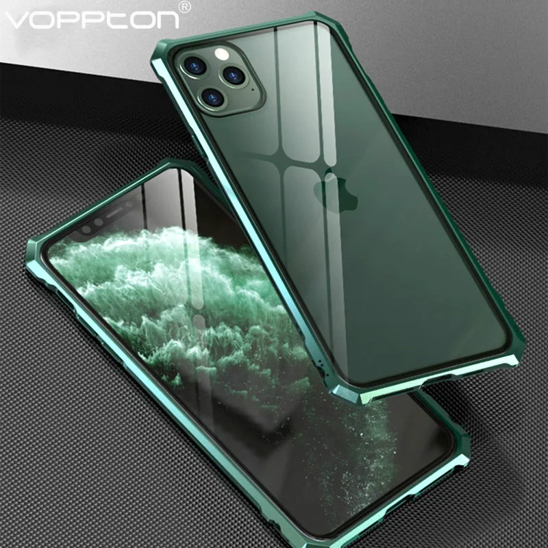 

For iPhone 11 Pro Max Phone Case Aluminum Metal Frame Transparent Tempered Glass Hard back cover for iPhone11 Pro Case