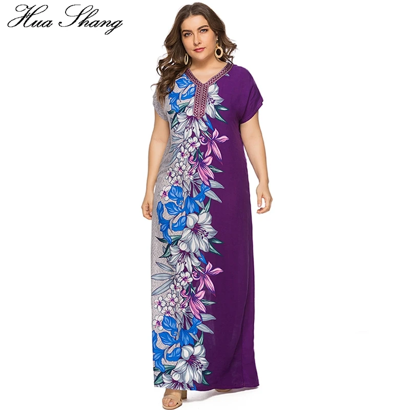 

Floral Maxi Dress Women Summer Embroidery V Neck Short Sleeve Contrast Color Elegant Long Dress Plus Size Tunic Beach Dresses