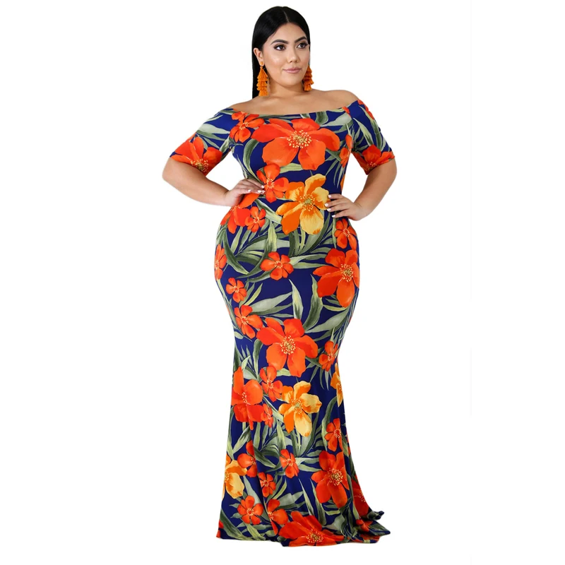 

Laughido Plus Size Summer Floral Print Bodycon Maxi Women Dress Beach Boho Short Sleeve Vestidos Dress Party Slash Neck Robe