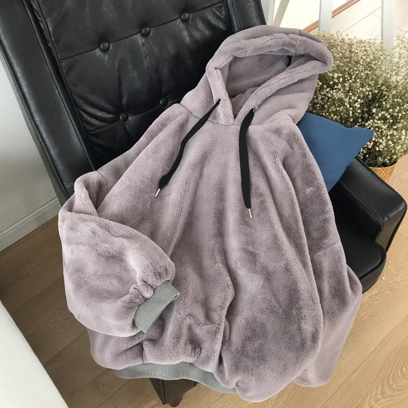 Winter Fashion Warm Women's Hoodie Lamb Cashmere Sweet Solid Color Harajuku Casual Loose Gray Flannel Pullover Sweatshirt Tops