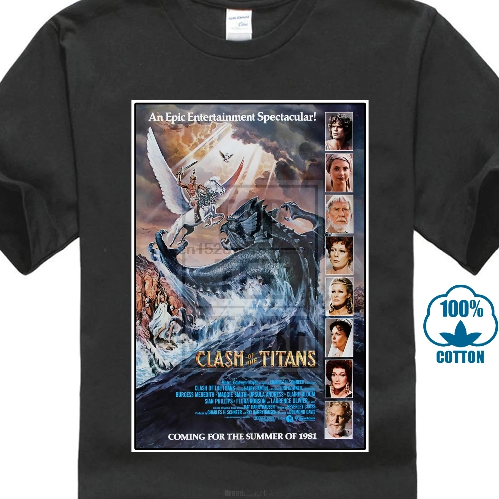 Clash Of The Titans 80 S винтажный постер фильма Мужская черная футболка Размер до Xxl |
