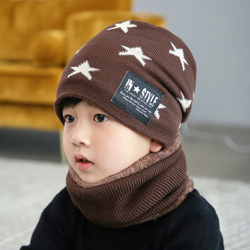 2Pcs Children Warm Winter Thick Knitted Hat With Scarf Set Handmade Crochet Beanies Baby Muts For 3-10 Years Old Kids Beanie