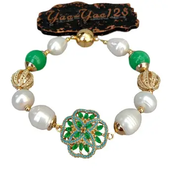 

natural White Rice Freshwater Pearl round Green stone Cubic Zirconia micro Pave flower connector Bracelet 8" magnet clasp