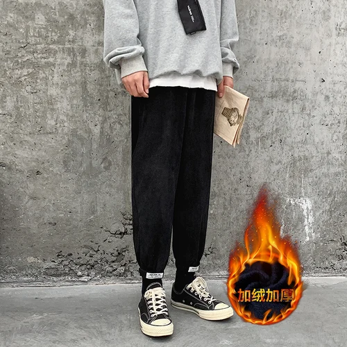 Liketkit новые шаровары мужские мужские одноцветные Свободные флисовые толстые джоггеры вельветовые штаны мужские повседневные уличные осенние зимние - Цвет: Black(Thick)