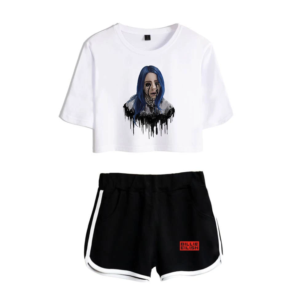 Billie Eilish короткая футболка для девочек+ черные сексуальные трендовые шорты Billie Eilish женская футболка Последняя мода горячая Распродажа комплектов