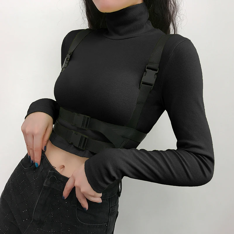 Черный HEYounGIRL/неоновая зеленая футболка с черепаховым вырезом, женские Лоскутные Топы с длинными рукавами и поясом, футболки, Harajuku, панк, укороченная футболка, Женская Осенняя футболка - Цвет: Черный