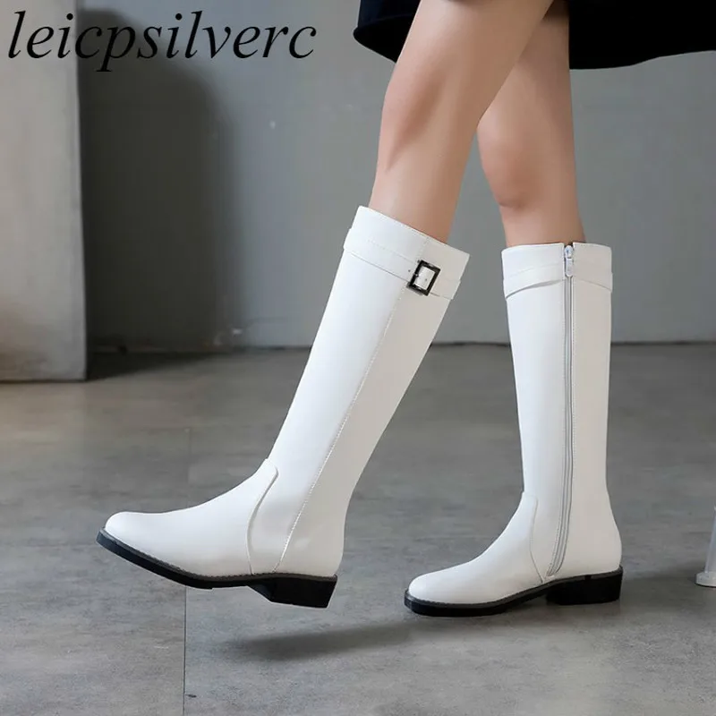 

Women Boots Low Heel Motorcycle Boot Round Toe Platform Metal Zip 2018 Winter Autumn Warm Plush Shoes Knee-High Sexy Black White