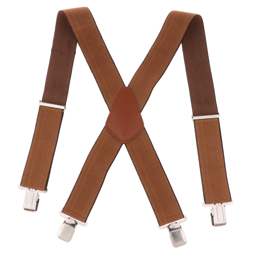 Mens Suspenders X Style with Strong Clips, Adjustable One Size Fits All Heavy Duty Braces Brown