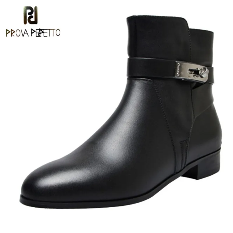 

Prova Perfetto Shark Lock Women Ankle Boots Slip-on Lady Motorcycle Boots Winter Woman Genuine Leather Boots Woman Black Boots