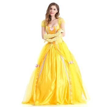 

Halloween Beauty and the Beast Cosplay Costumes Adult Belle Princess Dresses For Women Anime Party Flower Yellow Long Dress