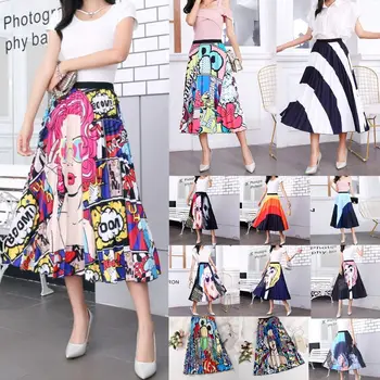

Women Color Block Graffiti Cartoon Empire High Waist Pleated Swing Midi Skirt