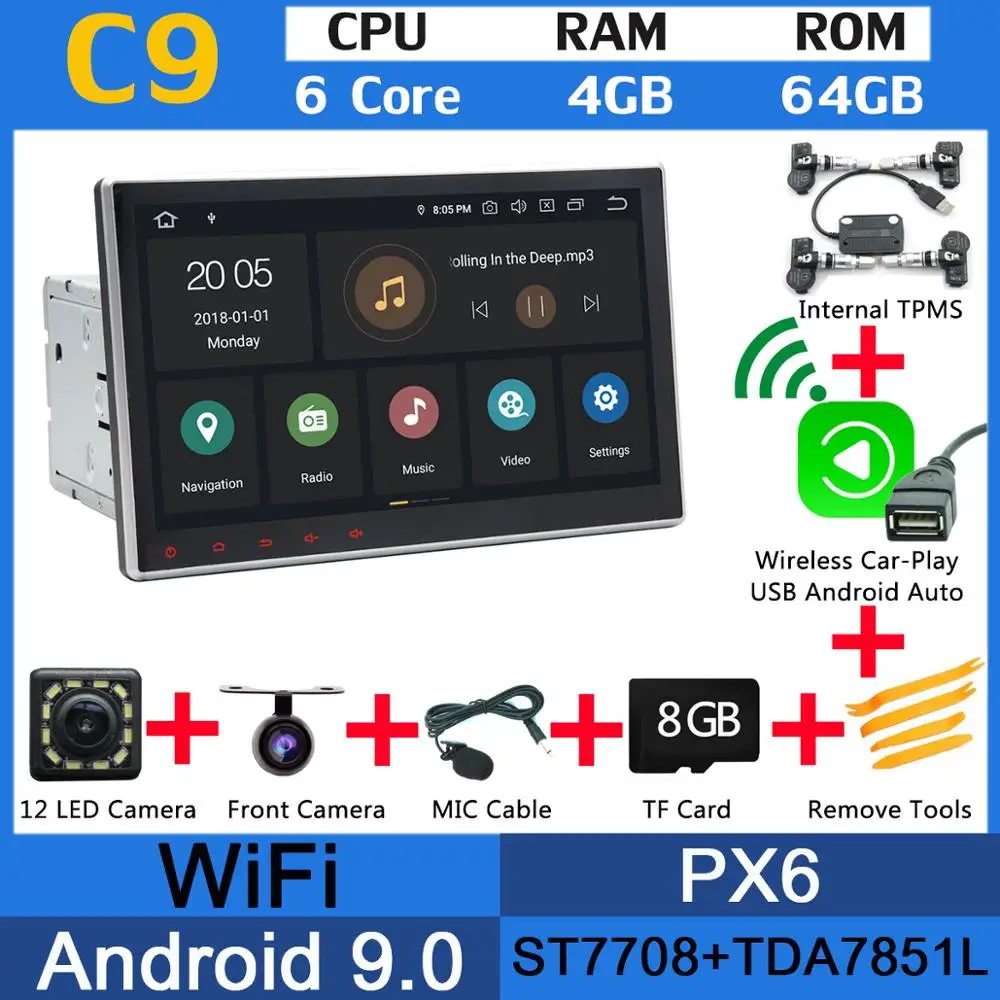 10,1 ''Android 9,0 PX6 4G+ 64G Универсальный Автомобильный Радио dvd-плеер gps Стерео FM DAB Bluetooth 2Din 2 Din головное устройство DSP Авто CarPlay - Цвет: PX6 Wl CarPlay TPMS
