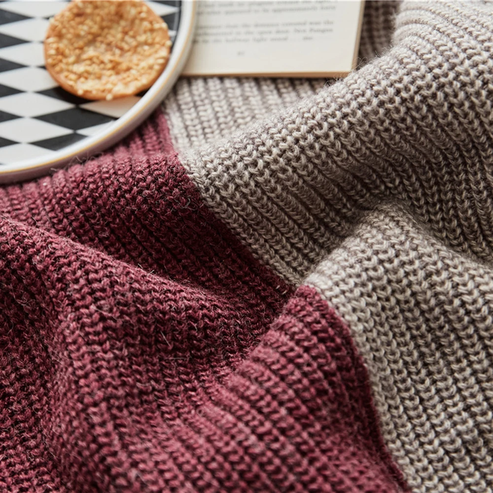 REGINA Winter Warm Knitted Wool Throw Blanket Contrast Color Soft Sofa Bed Bedspread Wine Brown Fashion Wearable Plaid Blankets