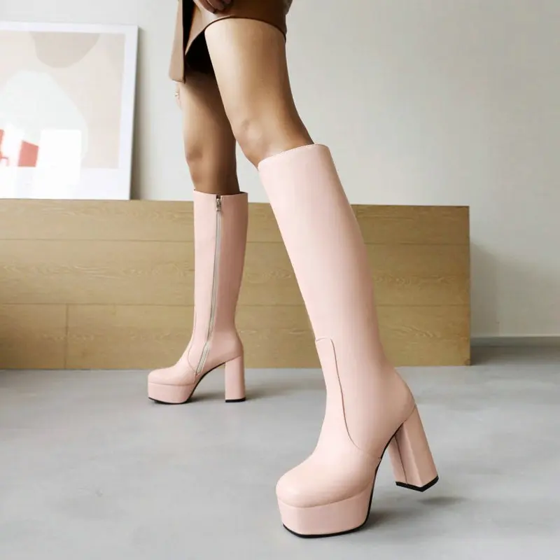 

Sianie Tianie Solid Pink White Black Slim Sexy Knee High Boots For Women Platform 10.5cm Block High Heels Sexy Lady Winter Boots