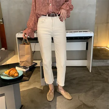 

2020 Vintage Casual Beige High Waist Women Jeans Fashion Spring White Cotton Straight Denim Pants Mom Jeans for Women Clothing