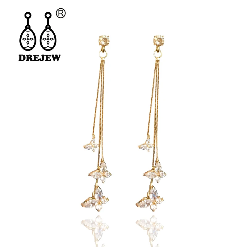 

DREJEW Crystal Butterfly Long Tassel Statement Earrings Zircon Alloy Drop Earrings for Women Fashion Christmas Jewelry HE069