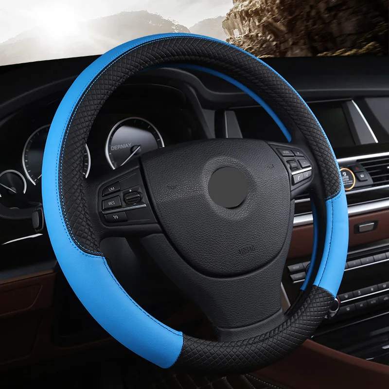 Синий Микрофибра из искусственной кожи чехол рулевого колеса автомобиля прошитая вручную оплетка с иглами и резьбой диаметром 36 см 38 см 40 см черный серый - Название цвета: Синий
