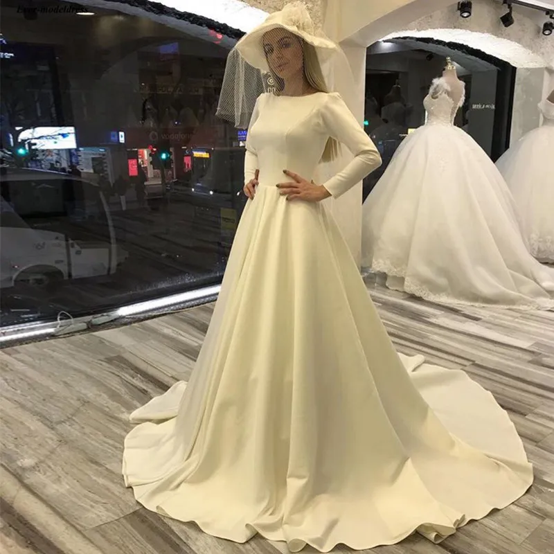 Vestido De Noiva; атласные свадебные платья с длинными рукавами, пуговицами на спине развертки поезд Простой свадебные платья невесты дешево