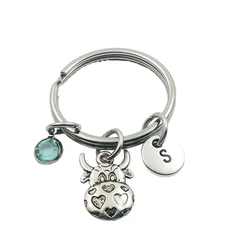 

Dairy Cow Animal Initial Letter Monogram Birthstone Keychains Keyring Creative Fashion Jewelry Women Gifts Accessories Pendant