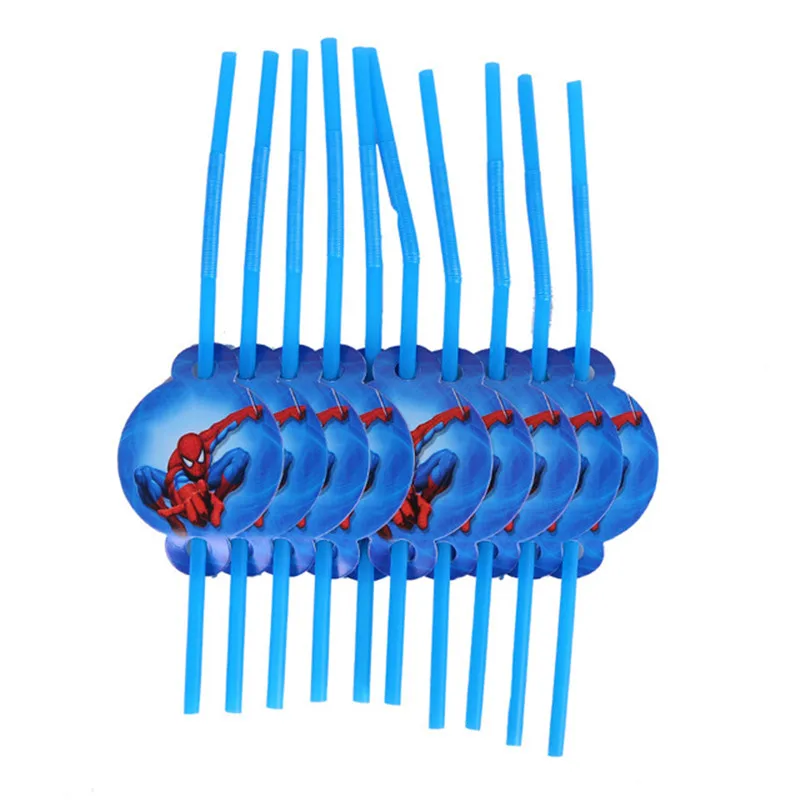 Украшения для дня рождения с человеком-пауком, детские синие бумажные тарелки и стаканы, топпер для торта для мальчиков, детский душ, пол, вечерние товары - Цвет: 10pcs straw