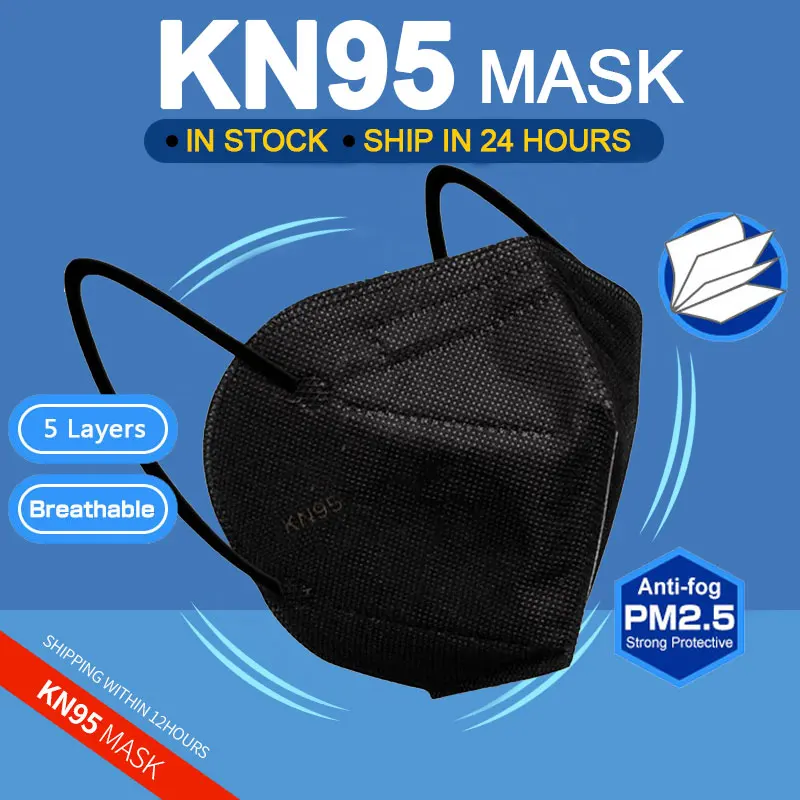 

10-100 Pieces CE Black KN95 FFP2 Individually Wrapped Respirators Respirable Masks For Adults 5 Layers Reusable Respirators