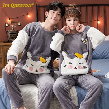 

Long Sleeve Long Pants Pj Set Winter Pajamas Set Man and Woman Crew Neck Pijamas Sleepwear Flannel Warm Winter Cat Printing