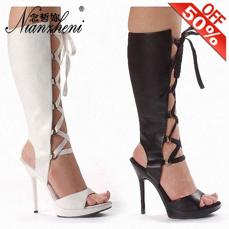 

13 см; Сапоги до середины икры с лентами на бедра высокие сапоги зачистки Женские Ботинки на каблуке, с открытым носком; Женские босоножки-гладиаторы в римском стиле; Трансвестизм 5 дюймов работы, туфли для танцев на шесте