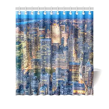 

Vintage Waterproof Shower Curtain Decor, Beautiful NYC New York City Skyline at Sunset Fabric Bathroom Set with Hooks, 66(Wide)