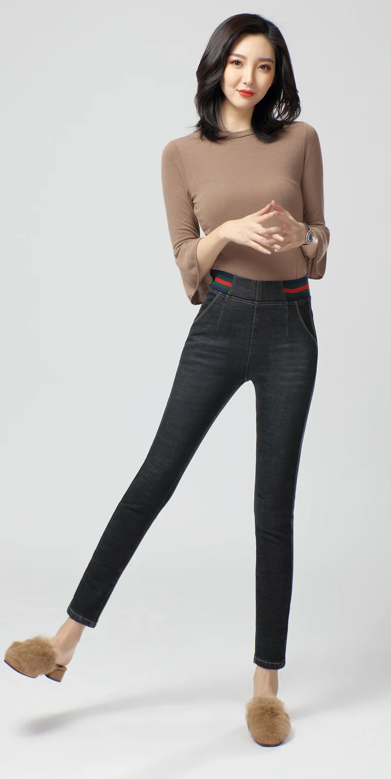 MDINCN черные джинсы женские зимние новые эластичные с высокой талией стройнящие эластичные штаны плюс бархатные