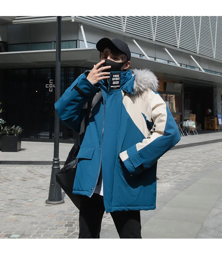 Мужская одежда, популярный бренд, свободный крой, крутой большой меховой воротник, хлопковая стеганая одежда, принт с буквами, контрастное цветное соединение, мужские шпильки