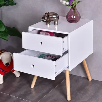 

White Side End Table Nightstand w/ 2 Drawers Engineering MDF and Solid Oak Wood Structure Stylish and Modern Design Table