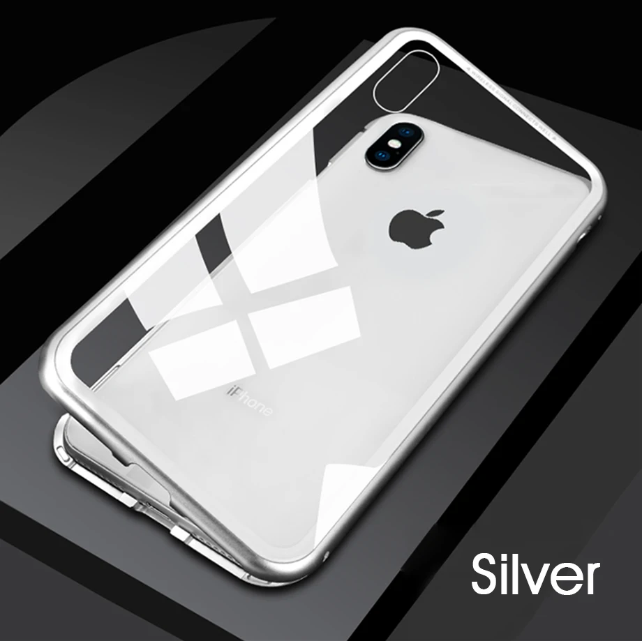 Магнитный металлический чехол для телефона для iPhone 11 Pro XR X XS MAX 8 Plus 7, чехол из закаленного стекла с магнитом для iPhone 7, 6s, 6 Plus, чехол - Цвет: Silver