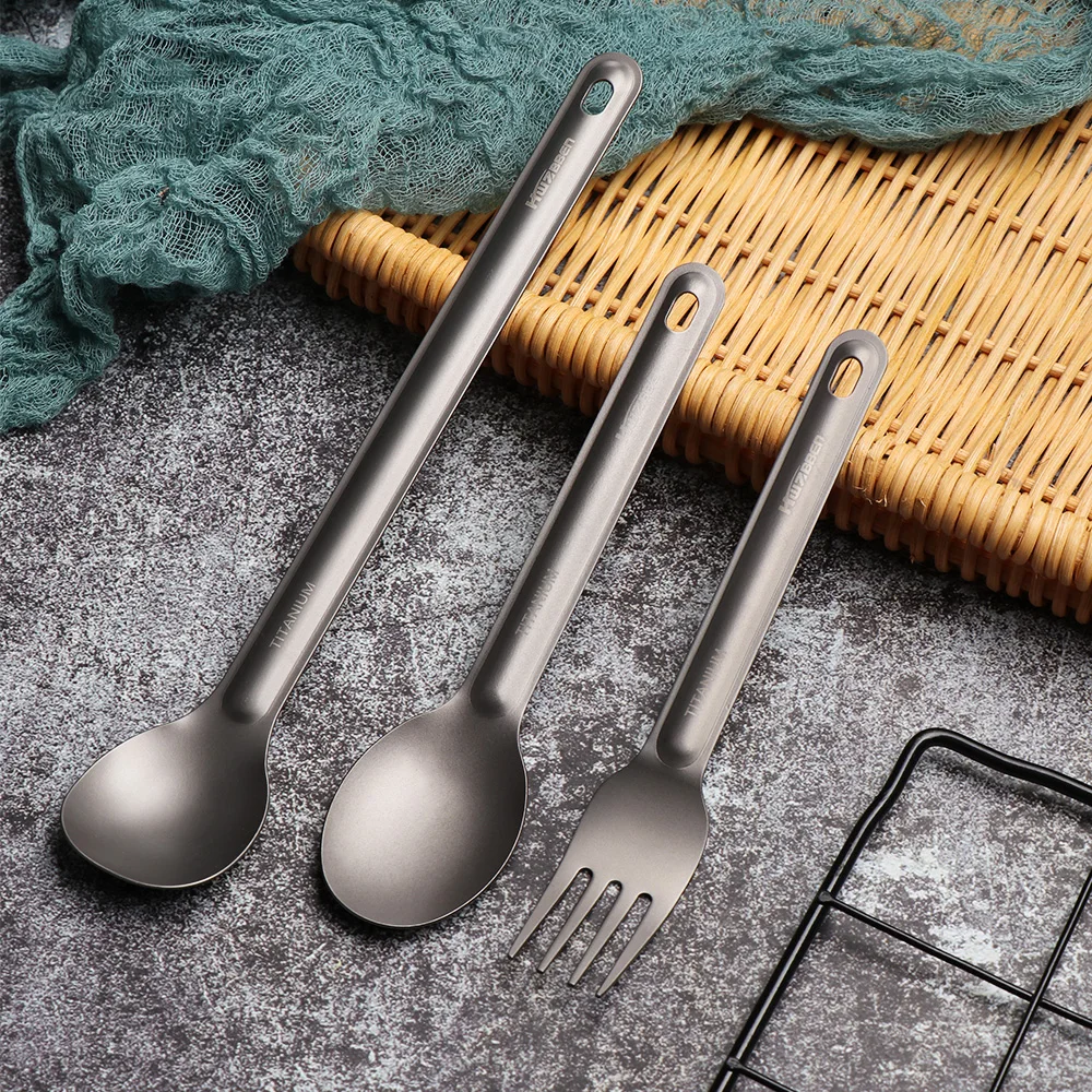 

1 PC Portable Titanium Long Handle Spoon Outdoor Camping Picnic Tool Light Titanium Tableware EDC Environmental Cutlery Fork
