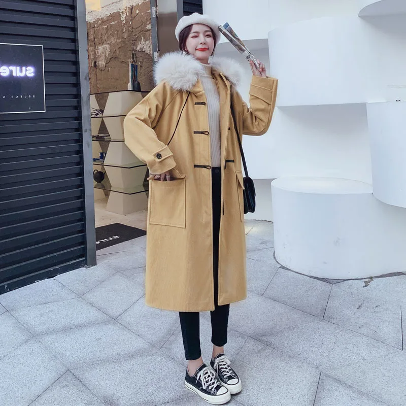 

Photo Shoot Beige Woolen Overcoat 2020 Winter New Style Loose-Fit Long Hooded Toggle Woolen Jacket Women's