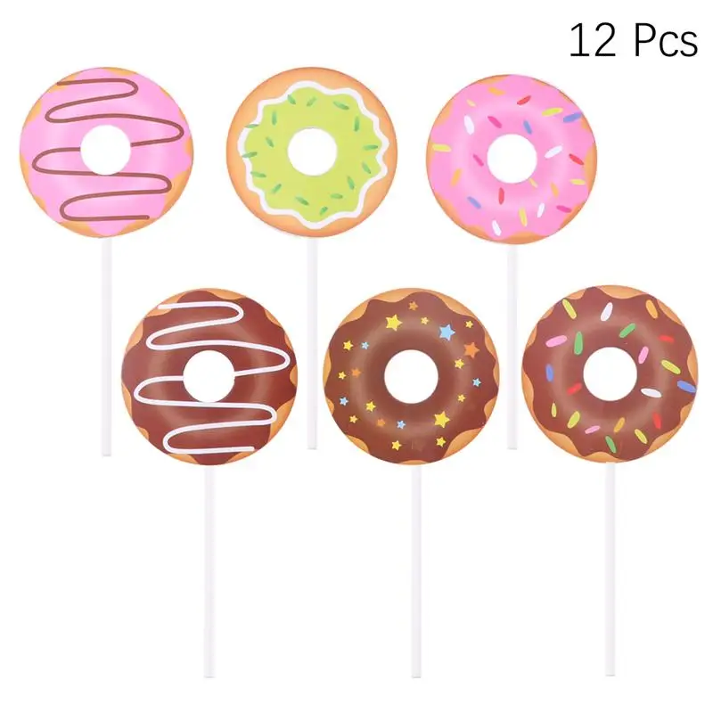 

12pcs Cute Cartoon Donut Shaped Paper Cake Topper Cupcake Toppers Decoration Insert Picks For Birthday Party Banquet Wedding
