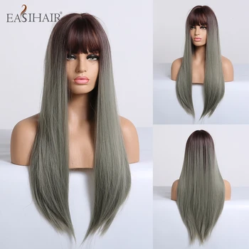 

EASIHAIR Long Straight Brown to Green Ombre Wigs with Bangs Synthetic Wigs for Women High Temperature Natural Hair Cosplay Wigs