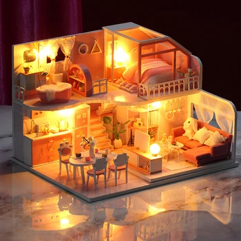 

DIY Miniature Dollhouse with Furniture and LED Lights 3D Wooden Doll House Birthdays Festivals Christmas Gifts