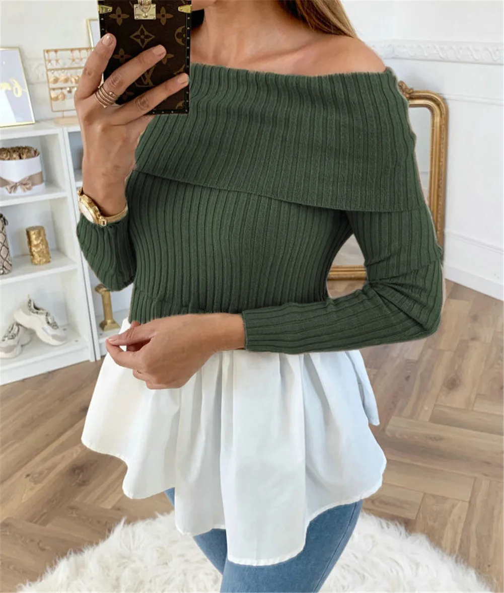 Высококачественная модная повседневная женская одежда, Женский однотонный вязаный свитер с открытыми плечами, Женский Зимний пуловер из тюля с оборками