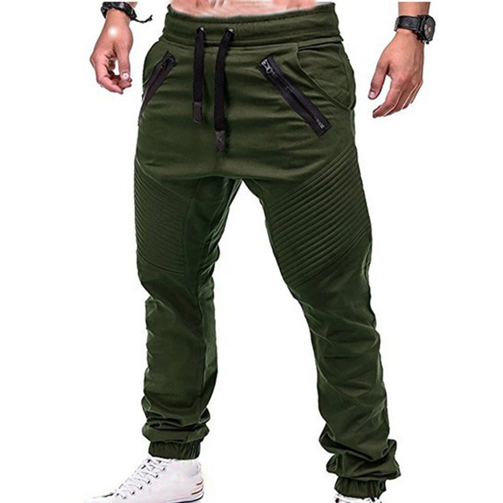 Men Fashion Drawstring Zip Strips Pockets Ankle Tied Long Pants Sports Trousers Drawstring Ankle Joggers Sweat Casual Pants