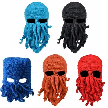 

Men Women Creative Funny Tentacle Octopus Knitted Hat Long Beard Beanie Cap Balaclava Winter Warm Halloween Costume Cosplay Mask