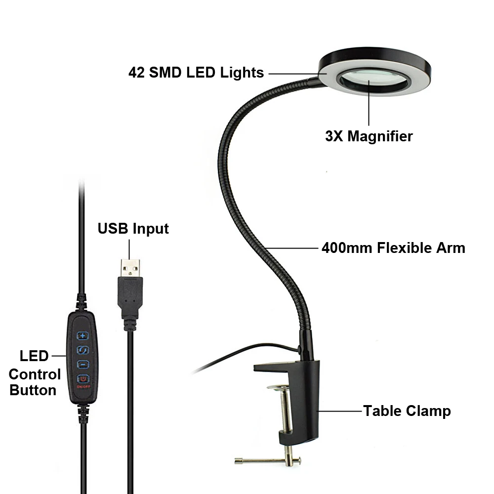 Увеличители USB увеличительное стекло 3X тиски, стол Зажимная Лупа 42 SMD светодиоды лампа настольная Гибкая для чтения рабочего стола