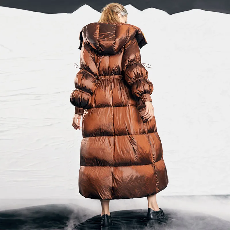 White duck down jacket women's winter large size long down coat oversize thickened Adjustable waist Outwear Warm New INKEO 1O130